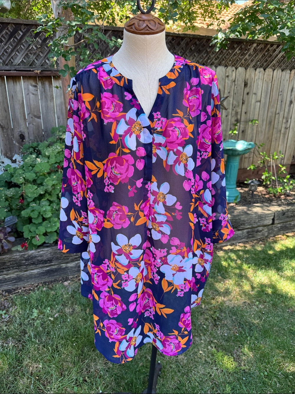 Jessica London Tunic Sheer Blouse Top Navy Pink Floral Print 3/4 Sleeve Size 18W